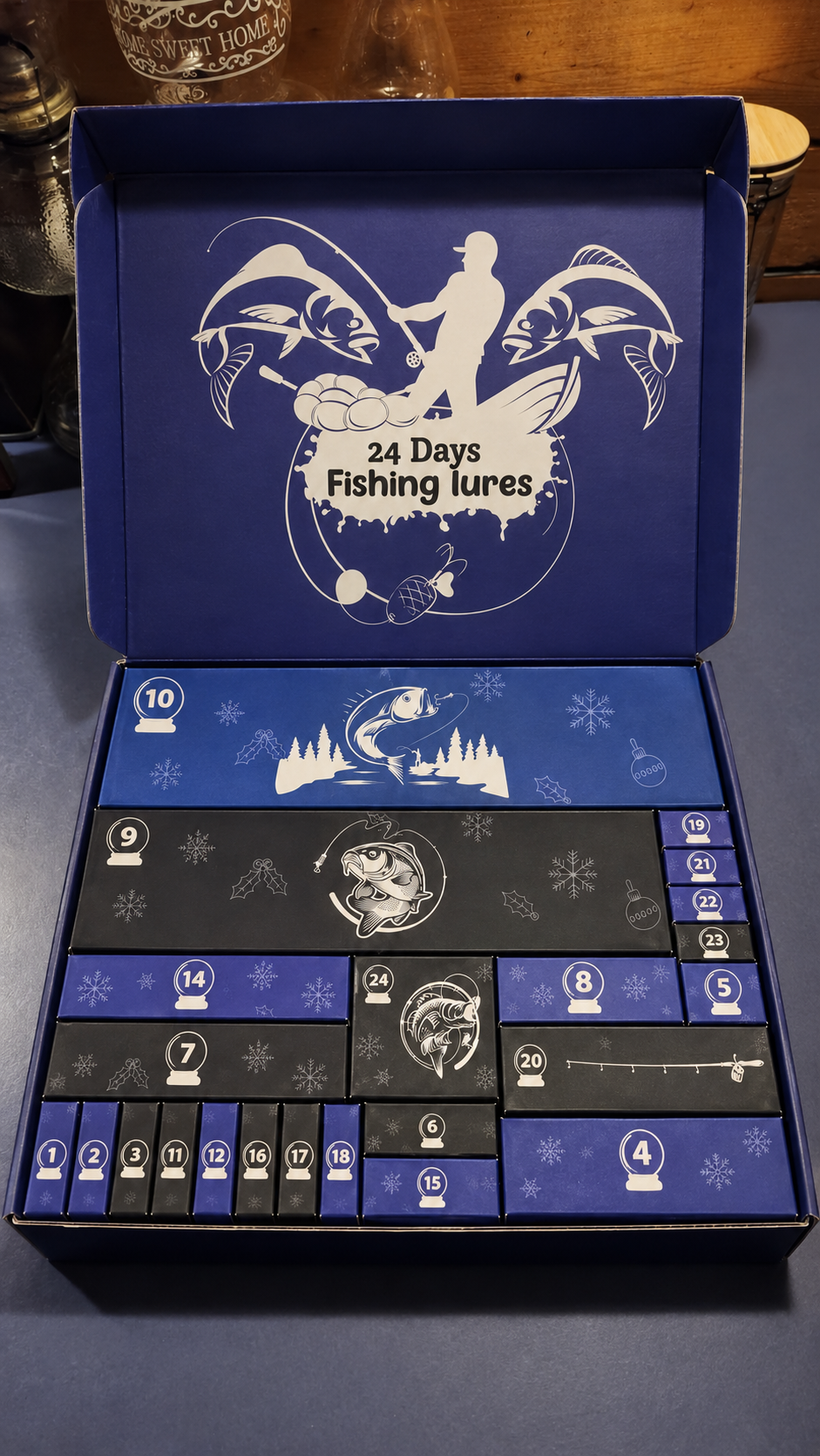 open fishing advent calendar with 24 numbered compartments