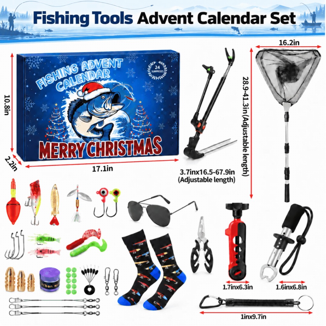 fishing tools advent calendar with tackle landing net rod support and accessories
